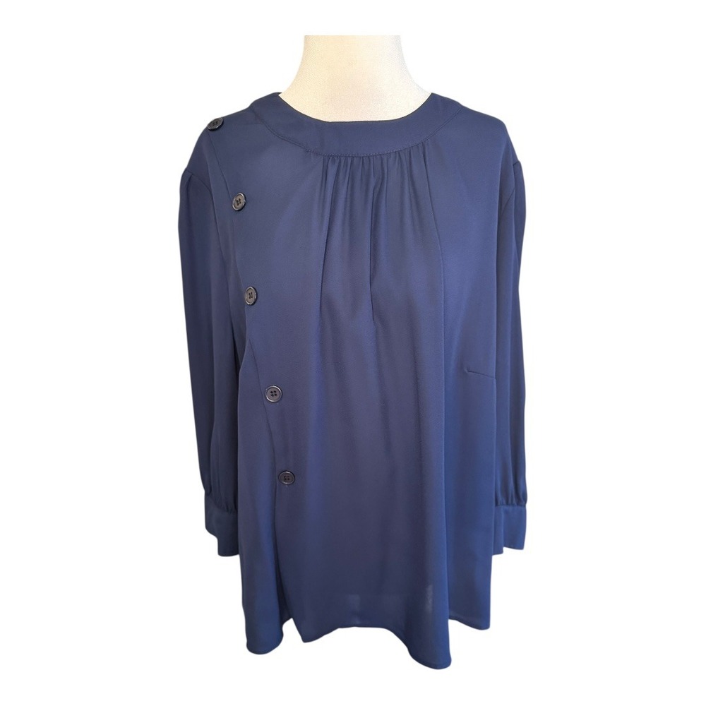 NY & Company Navy Blue Button Detail‎ Blouse XL Long Sleeve Top NWT